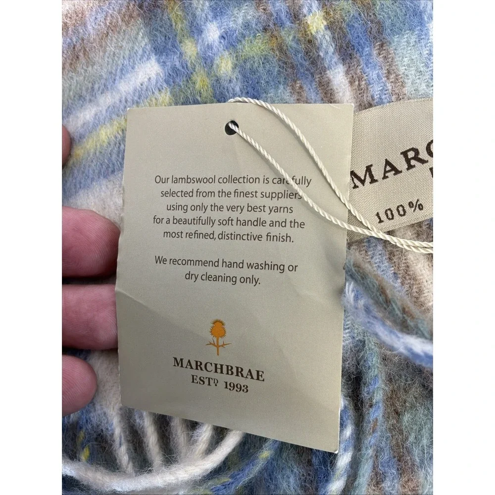 New Marchbrae Scarf 10x66 100% Lambswool Grey Light Blue Plaid Gorgeous Soft